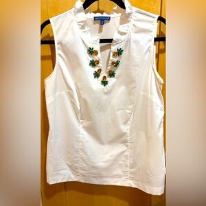 Talbots RSVP Medium White Ruffle Neck Blouse with Pineapple Crystal Accents